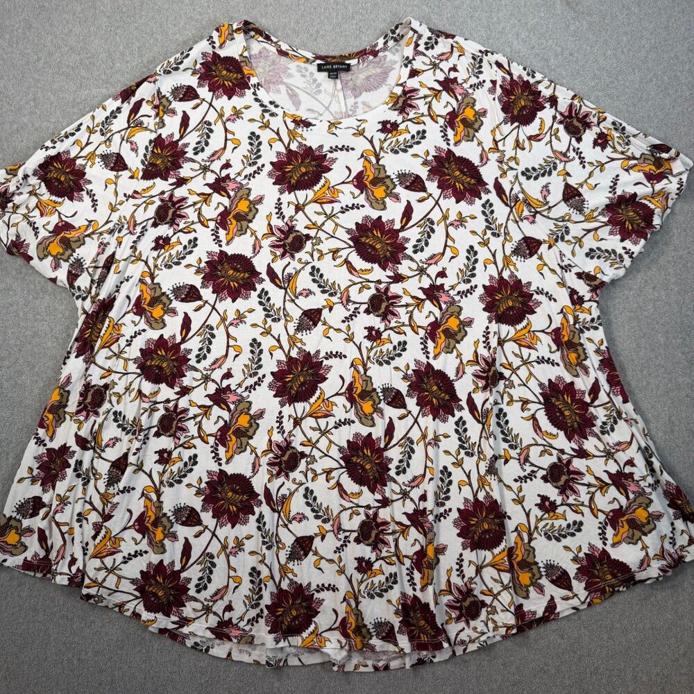 Lane Bryant Women's Plus Size 38/40 White Floral Short Sleeve Scoop Neck Top
